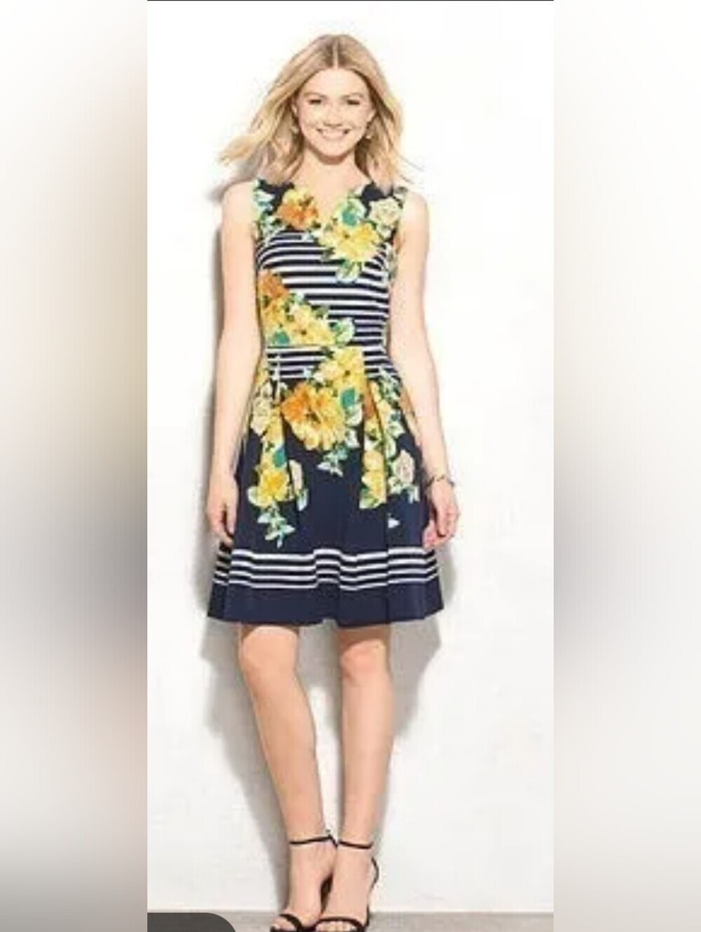 Navy Floral Stripe Midi Dress with Yellow Floral Bloom Print